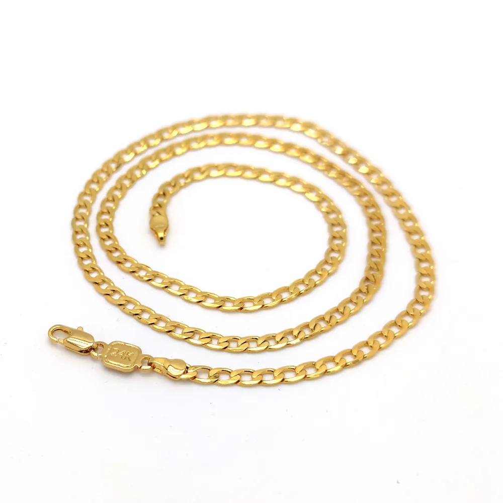 24 K Сплошное желтое мелкое золото, наполненное штампованным ожерелье, кубинская цепная цепь, длиной 600 мм 4 мм2991816