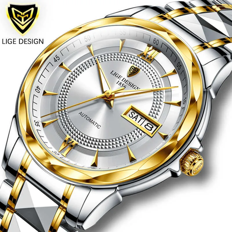 LIGE Fashion Automatic Mechanical Watch Luxury Tungsten Steel Watch For Men Watches 50M Waterproof Business Date Week Clock 210527