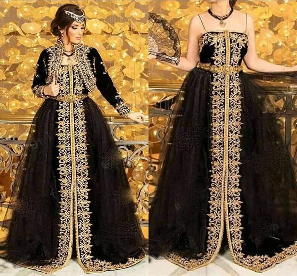 Traditionell Kosovo Albansk Caftan Aftonklänning med jacka 2022 Black Gold Lace Pärlor Vestidos de Novia Tunisiska Prom Party Gowns