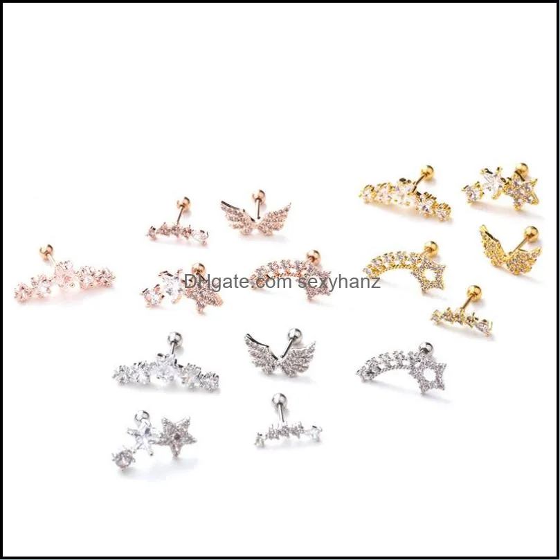 Other Silver Gold Rose 1PC Star Shape Shining Cz Curved Bar Cartilage Earring Conch Piercing Helix Stud Ear Jewelry