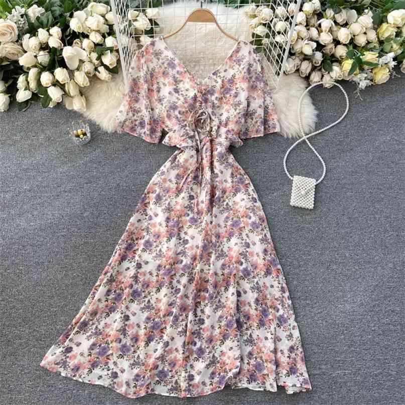 Sommer Mode Frauen Süße Chiffon Print V-ausschnitt Kordelzug Kurze Flare Hülse Dünnes Kleid Vestidos R478 210527