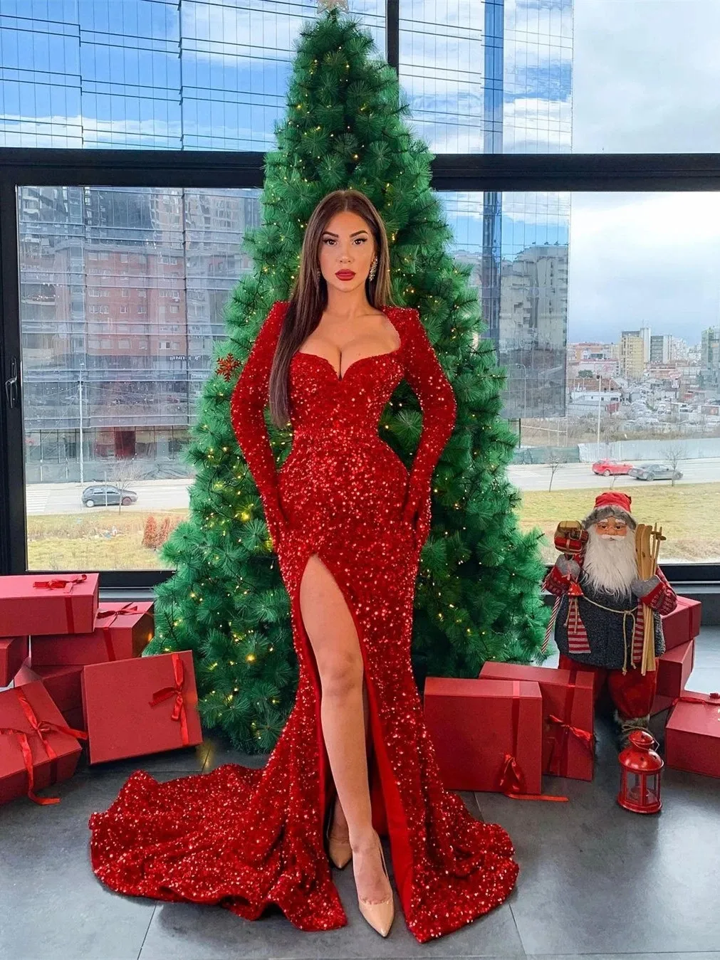 Femmes 2021 manches longues rouge paillettes robes de bal Sexy côté fente sirène brillant Bling soirée fête de noël robes272g