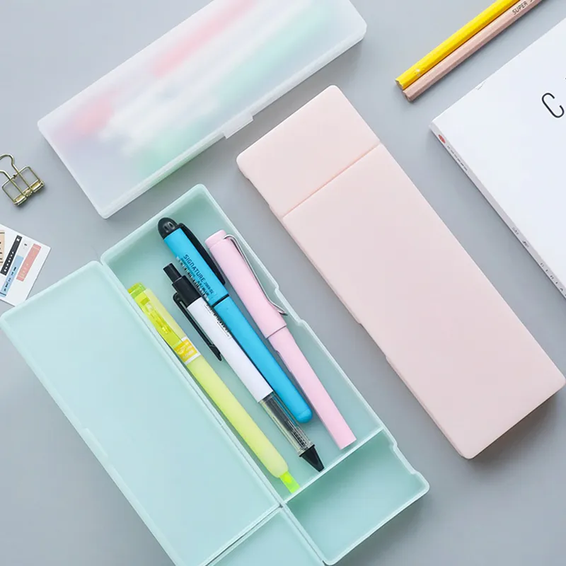 Matte Transparent Simple pencil case Frosted Plastic Pink Green White Blue Pencils Pens Storage Box Bag Holder School Office Stationery Supplies HY0044