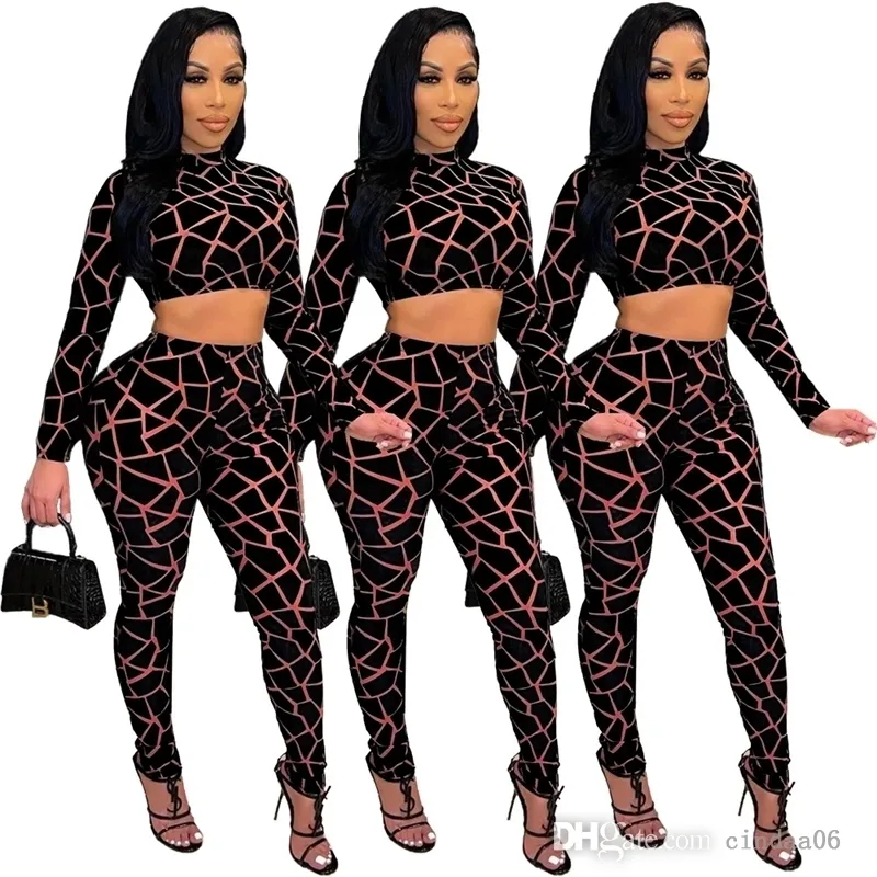 Designer Damskie dystrybucje Drukowanie Seksowne Dwuczęściowe Spodnie Zestaw Z Długim Rękawem Crop Top Laggings Moda Jogger Suit