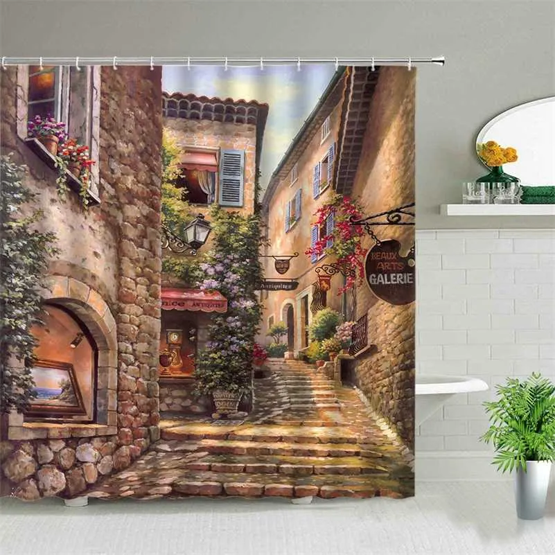 3d Nordic Włochy ulica aleja Curtain Garden Kwiaty Sceneria Retro Design Tkaniny Zasłony Wodoodporna Dom łazienkowy Decor 211115