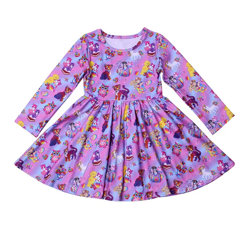 High quality children`s long sleeves cartoon lisa frank print girl dress wholesale kids clothing