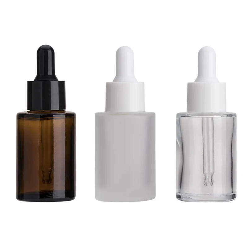 Bottiglia di vetro da 30 ml a spalla piatta Bottiglie di siero di olio essenziale rotonde smerigliate/trasparenti/ambrate con contagocce per occhiali Bottiglie da viaggio cosmetiche