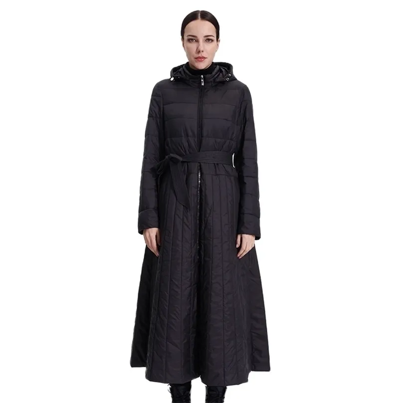 Women Cotton Jacket Windproof Parka Thin Long Dress Coat Lady Quilted Plus Office Smooth Quality Clothes 19-208 211013