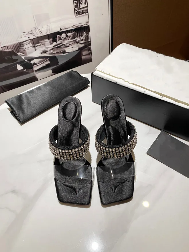 2022 fashion rhinestone embellished transparent laces high heel sandals women stiletto square toe half slippers