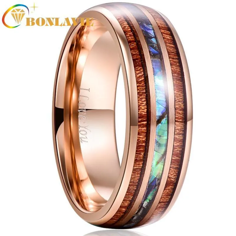 Rings Rings Bonlavie 8mm Hawaiian Koa Wood and Abalone Shell Tungsten Carbide Carbide Bands for Men Comfort Fit Size 4 to 17