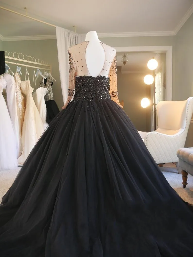 Black Gothic Beaded Black gown for wedding with Sheer Neckline, Long Sleeves, and Tulle A-Line Skirt - Floor Length Plus Size Vestido