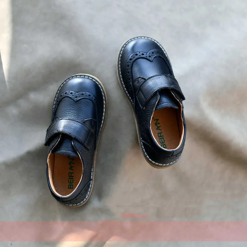 Children black genuine leather shoes kids retro cowhide single shoes boys and girls campus performance shoes 210713