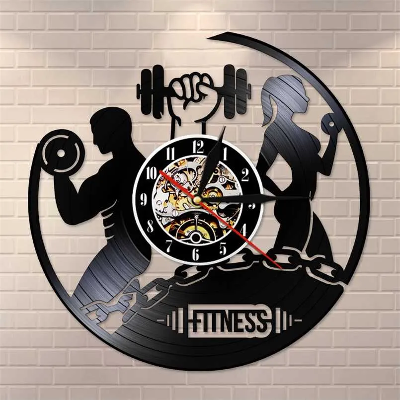 Fitness Orologio da disco in vinile Sport Salute del corpo Sport fatti a mano PALESTRA Wall Art Bodybuilding Room Decor Manubri Vintage LP Orologio da parete 211110