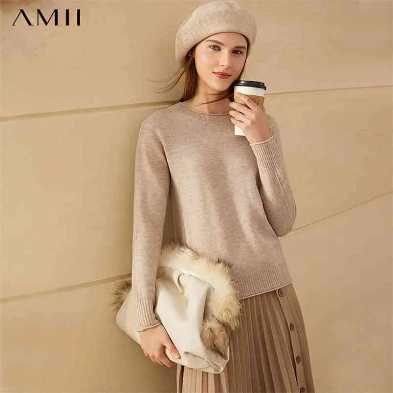 Minimalism Fashion 100%woolSweaters For Women Causal Solid Oneck Loose Women's Sweater Female Pullover Tops 12070629 210527