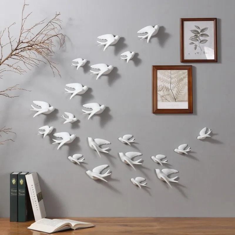 1pc 3D Ceramic Birds Murals Hanging Decorations Home Ornaments Creative DIY Crafts Living Room Wall Decorative Gifts 210310