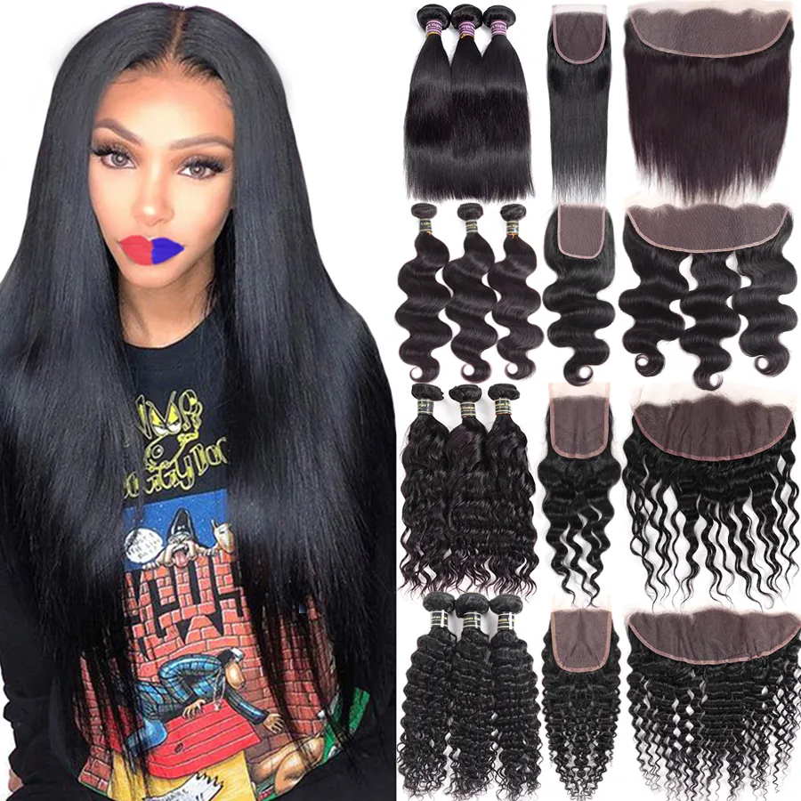 30 40 Inches Human Remy Hårbuntar med spets Frontal stängning Rak kropp Djupt vatten Lös våg Jerry Kinky Curly Brazilian Virgin 3 4 Weave Weft Extension 10A Grade