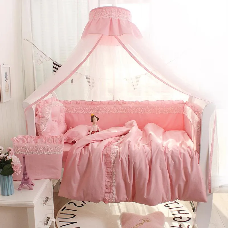 Lençol de cama para berço de bebê meninas, algodão, renda, estilo princesa, algodão liso, com babados, conjunto de cama para berço, decoração de quarto infantil