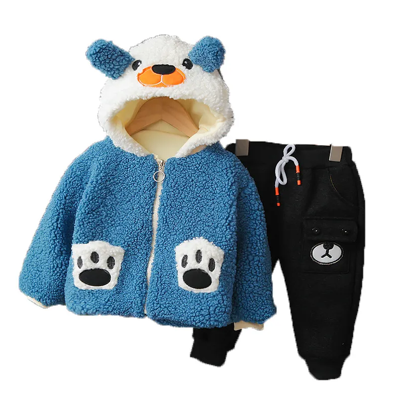 2021 set di abbigliamento invernale ispessito vestiti per bambini artiglio con cappuccio peluche in due pezzi ragazze ragazzi simpatico cartone animato animale