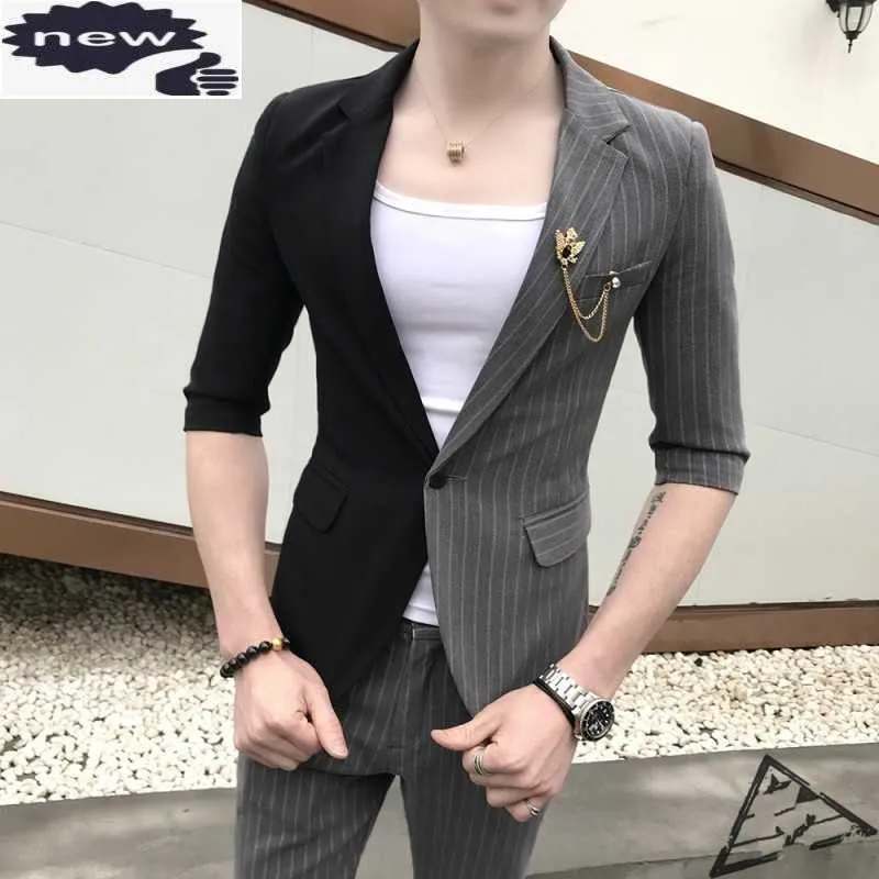 Mens Half Sleeve Blazer Jacket Suit Striped Patchwork Slim Fit Two Piece Set Business Man Coordinates Night Club Kläder kostymer x0909