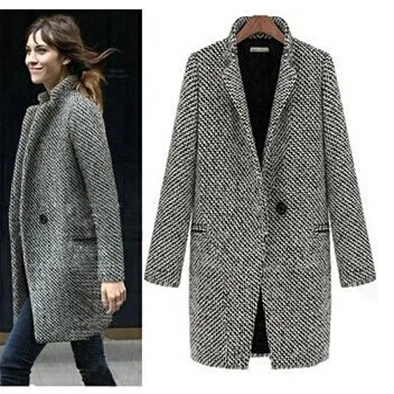 Nouveau Printemps Automne Femmes Houndstooth Trench Coat Manteau d'extérieur élégant pour femmes Col Turndown Gris Trench Femme Hiver 201103