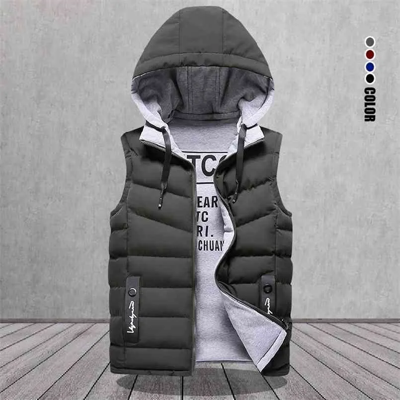 Märke Mäns Vest Vinter Ärmlös Jackor Down Men Hooded Warm Casual Outwear Hat Avtagbar Yttre Chalecos 210925