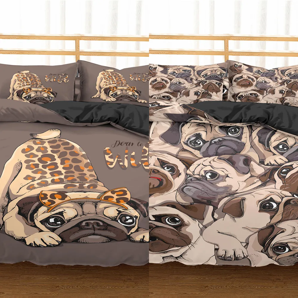 Homesky Cartoon Pug Dog Pościel Zestawy Pug Dog Łóżko Zestaw Duvet Pokrywy Zestaw Królowa Królowa Rozmiar Comforter Pościel Zestaw Pościel Pościel C0223