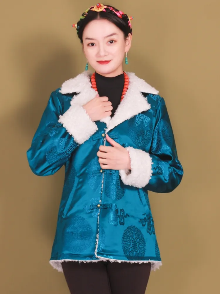الشتاء الملابس العرقية الآسيوية خمر زي طويلة الأكمام بدوره أسفل طوق أعلى النساء القطن الشرقية أنيقة الملابس التبت الزي