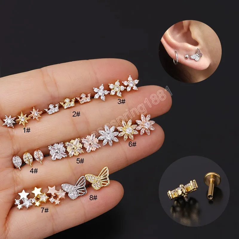 Blumenkrone Schmetterling Stern Ohrpiercing Cz Knorpel Helix Daith Conch Tragus Ohrstecker Labret Rückenpiercing Schmuck