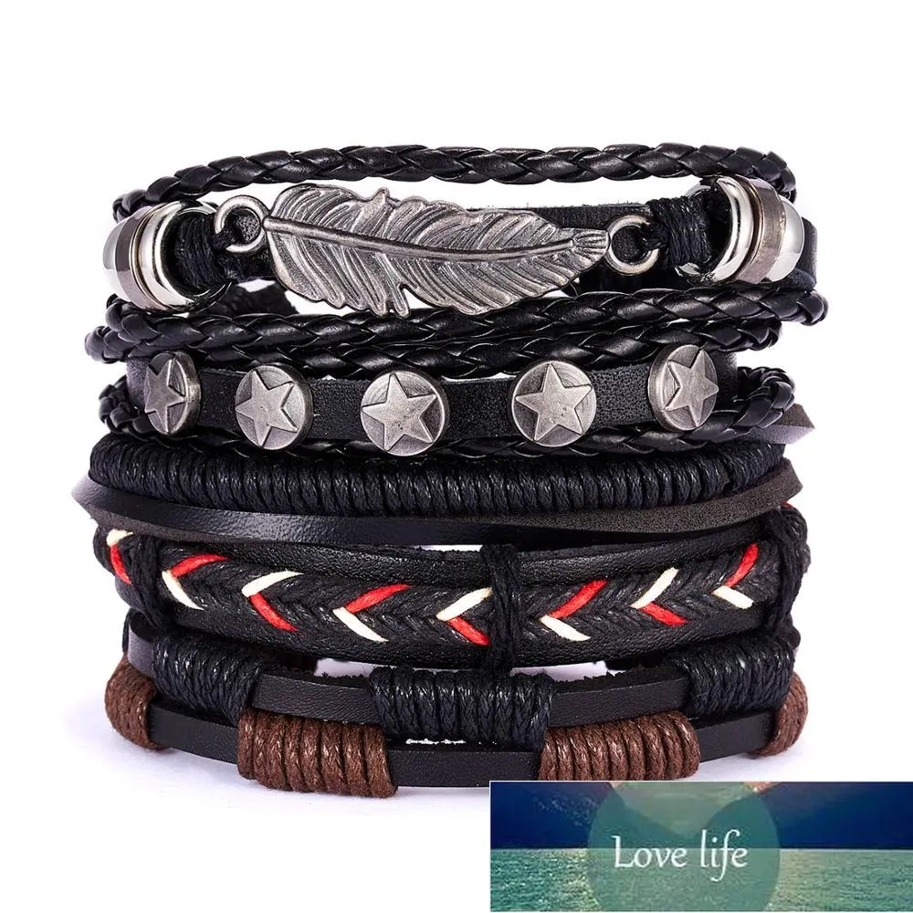 Pulseira de couro Multicamada de Folha Vintage Multicamada Multicamada Corda Artesanal Corda Preto Pulseiras Pulseiras Bangles Jóias Pulseira Hombre Preço de Fábrica Especialista Qualidade