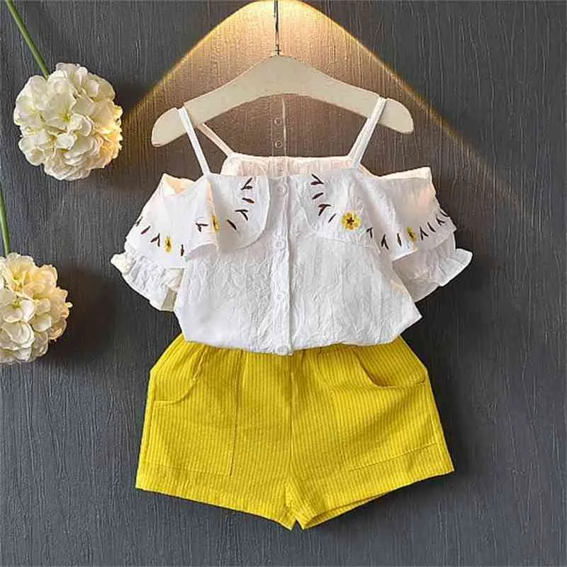 Sommer Mädchen Kleidung Sets Koreanische Off-the-schulter Kurzarm Top + Tasche Hosen 2 stücke Baby Kinder Kleidung anzug Kinder 210625