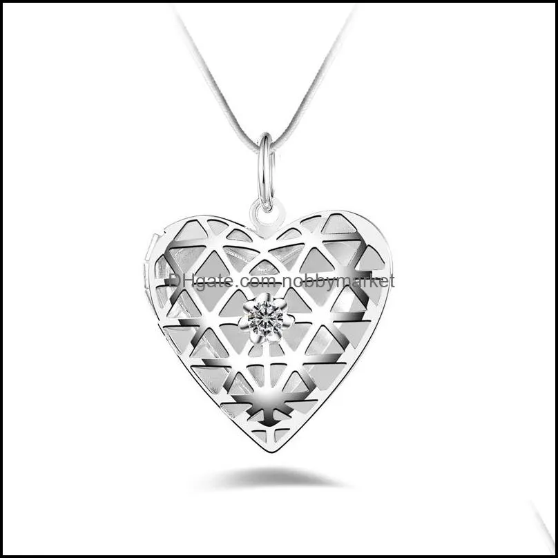 925 sterling silver Photo Heart Love Hollow Lockets Necklace CZ Diamond  Oils Diffuser Locket snake chain For women Fashion