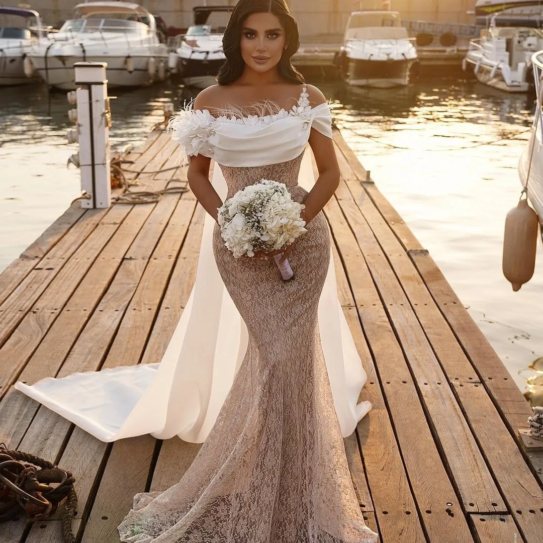 Arabisches Dubai-Meerjungfrau-Hochzeitskleid mit Wickel-Spitze-Blumen-Brautkleid-Strand-eleganten Kleidern vestidos de novia