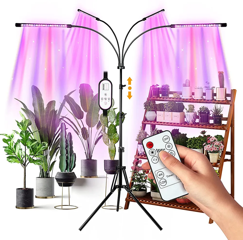 LED élèvent des lumières 4 têtes plantes d'intérieur spectre complet lumière trépied support réglable sol 4/8/12H minuterie avec télécommande