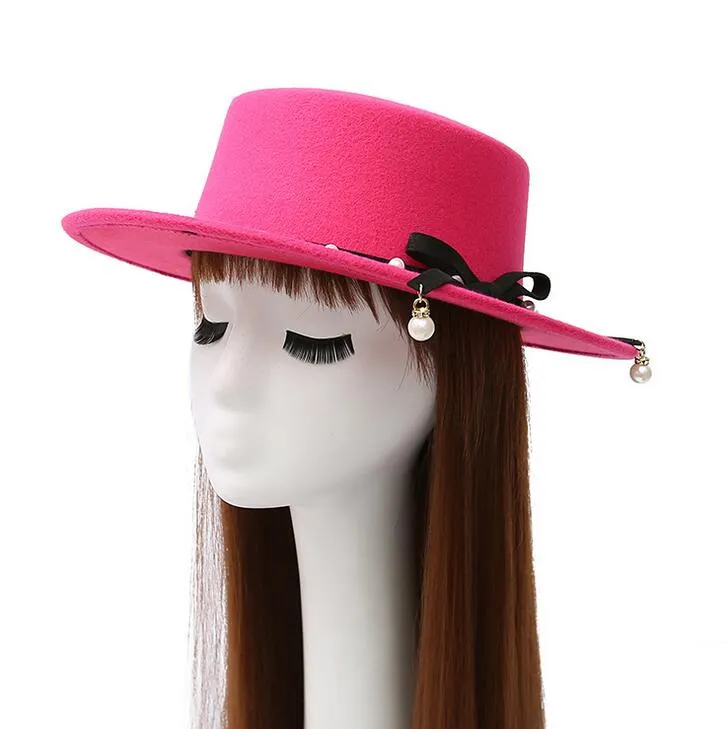 EPACKET DHL Ship Flat Top Hat Ladies Personlighet Pearl Imitation Wool Felt Hat DHLM040 Wide Brim Hattar