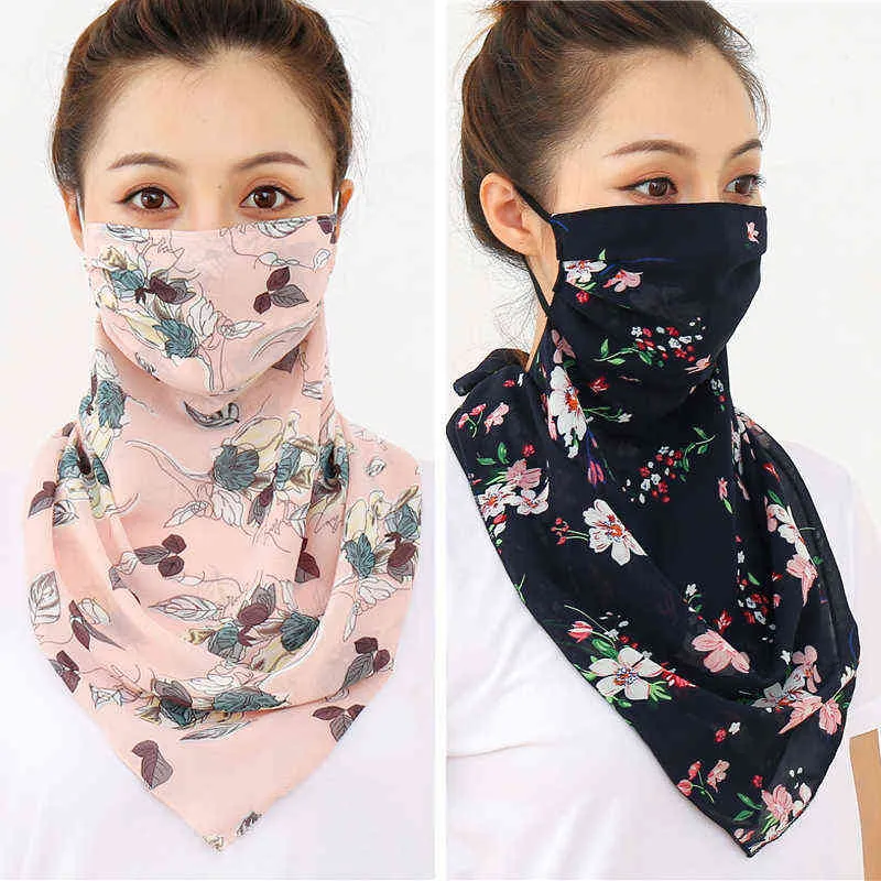 2021 Nuove donne face la sciarpa di seta bandana Lady Lady Neck Wrap Stampa per chiffon Copertura Anti Dust Sun Protection FOULARD RIUSIBILE Y1108