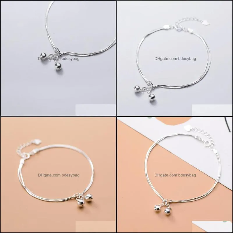 925 Sterling Silver Korean Simple Style Cute Bell Double Chain Bracelet for Women Lady Daughter Jewelry