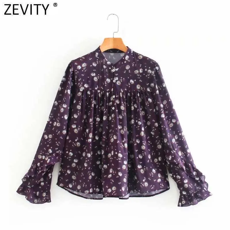 Zevity Women Vintage O Neck Floral Print Purple Color Smock Blouse Female Retro Butterfly Sleeve Shirts Chic Blusas Tops LS7527 210603