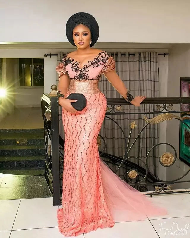 Plus la taille arabe Aso Ebi rose sirène sexy robes de bal col transparent dentelle perlée soirée formelle fête deuxième réception robes robe