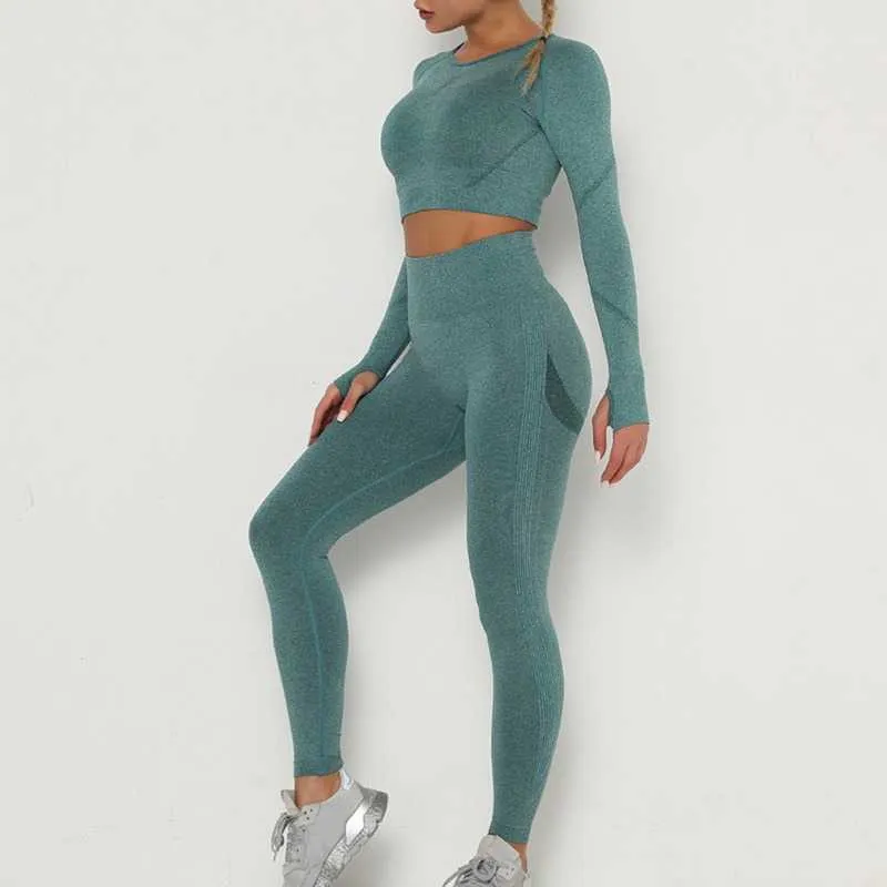 2021 Women SeamlYoga Set Gym Clothing FitnHigh Waist Leggings+Cropped Shirts Sport Suit New Long Sleeve Tracksuit Wear X0629
