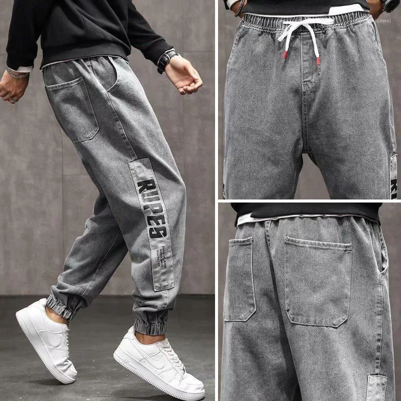 Mäns Jeans Style Lossa Straight-Ben Ankelbandade Byxor Stor Storlek Casual Fashion Märke Harem Elastisk Midja