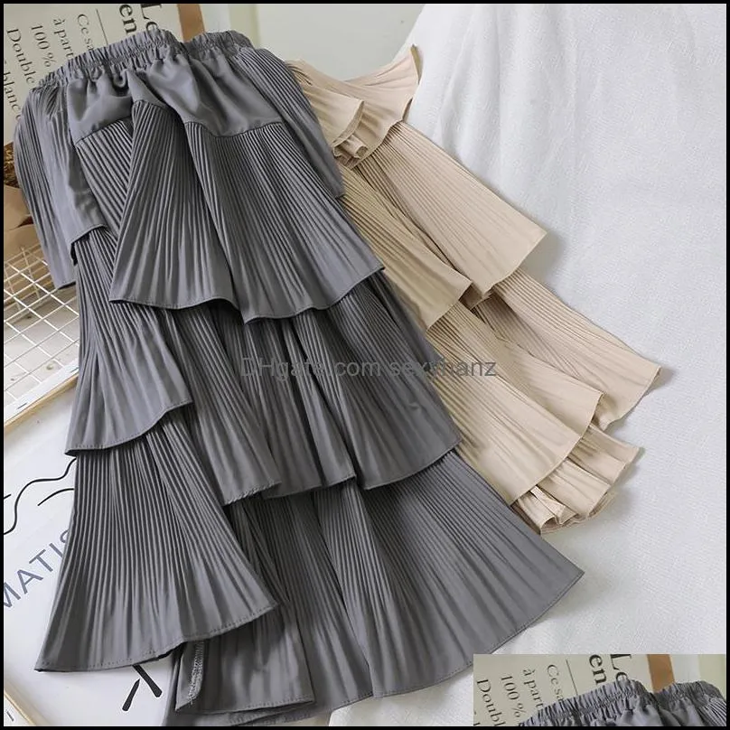 Skirts Autumn Irregular Cakee Layered Cotton Blend Long Elastic Waist Pleasted Ruffles Tiered High Low A-line