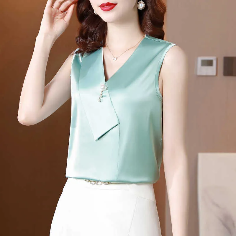 Camisa coreana para mujer, blusas de gasa para mujer, Top sin mangas para mujer, blusa blanca con cuello en V, blusa básica para mujer 210604
