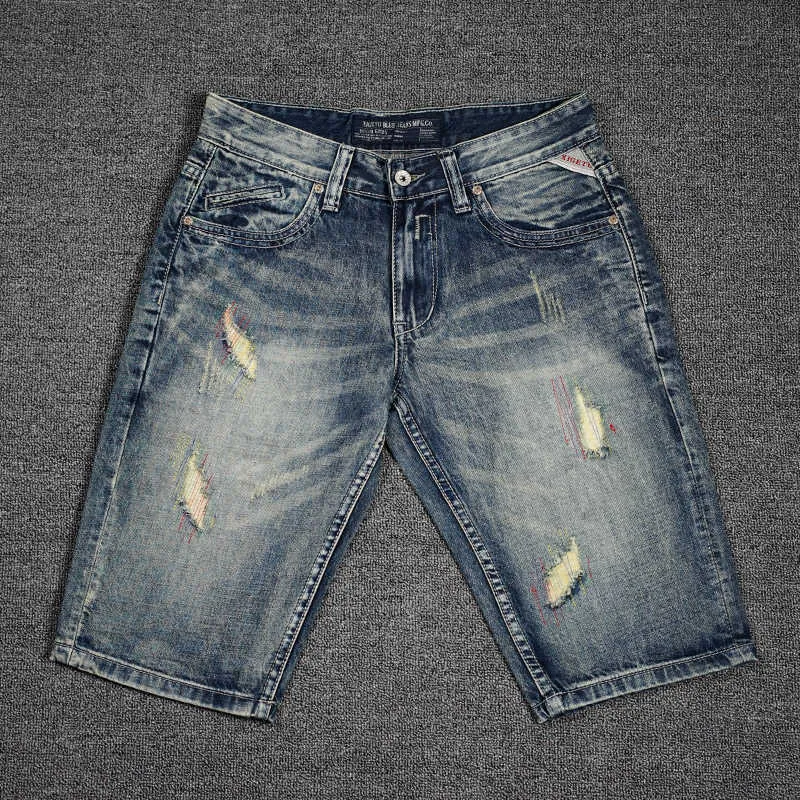 Italiaanse stijl mode mannen jeans hoge kwaliteit retro blauw vernietigde gescheurde denim shorts zomer straatkleding ontwerper korte PTFQ