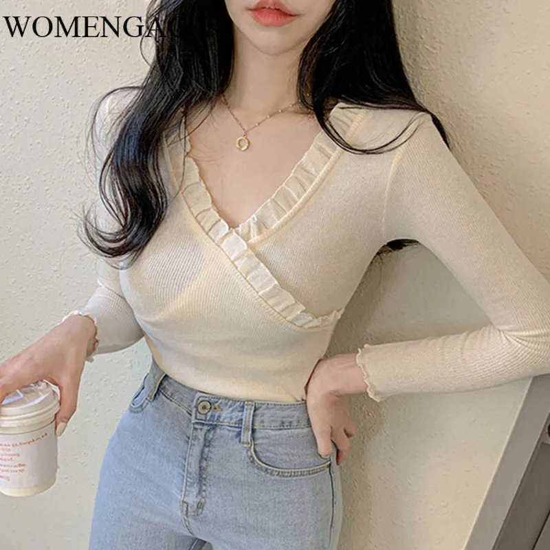Womengaga Coréia V-pescoço de manga comprida Lace Ruffles t-shirt de outono Base fina senhora tops menina feminino simples D83J 210603