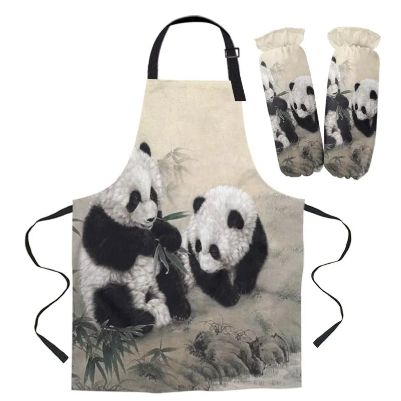 Фартуки ежедневные чистящие фартук набор Panda Bamboo Китайский стиль шеф-повар официант анти-нефтяной дети, кулинарные садовые рабочие рукава крышка