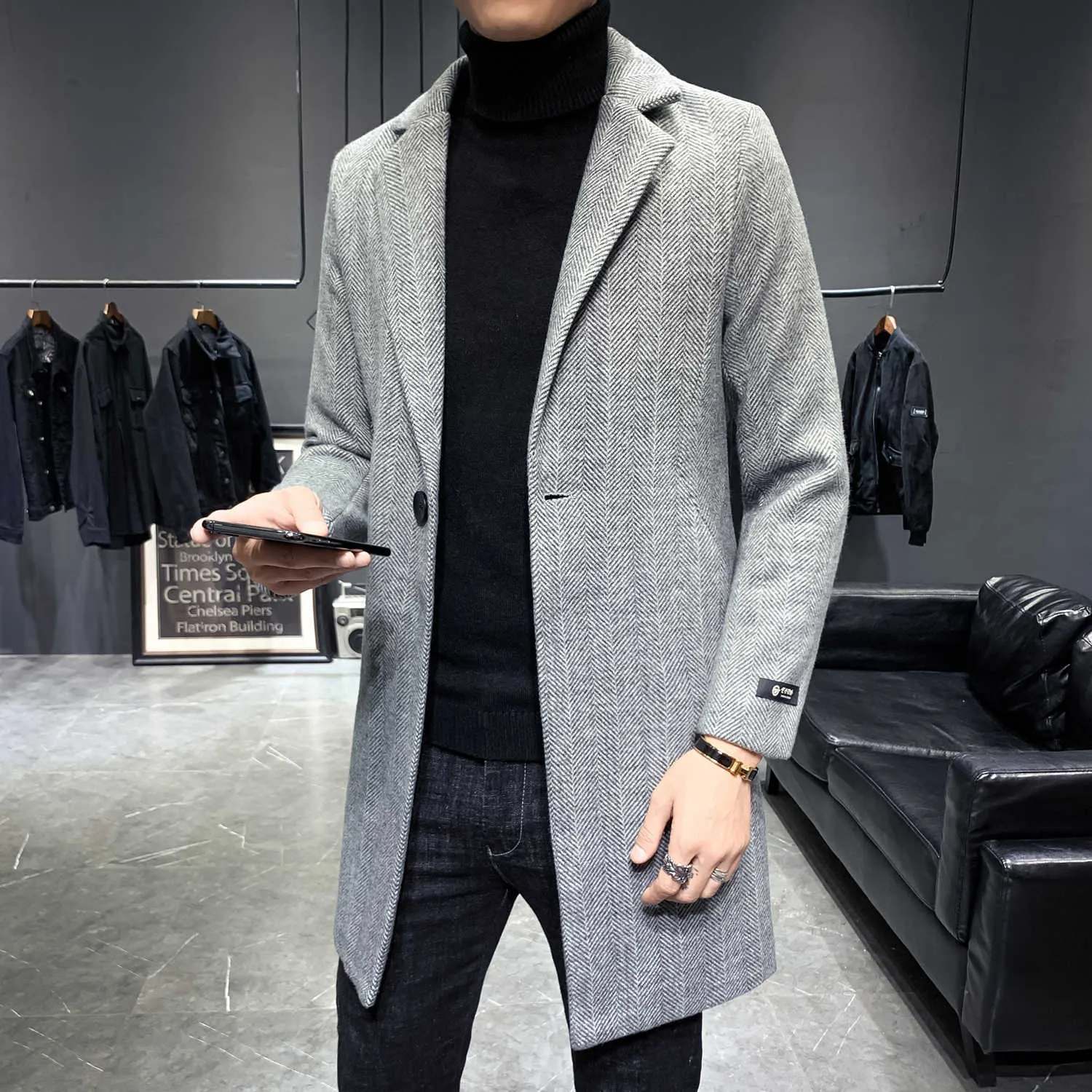 Koreaanse heren wol trenchcoat jas herfst winter lange slim fit casual business windjack hoge kwaliteit overjas mannen kleding 210527