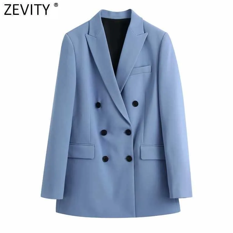 Zevity 2021 Femmes Mode Double Boutonnage Casual Blazer Manteau Bureau Dames Poches Élégant Outwear Costume Chic Busintops CT661 X0721