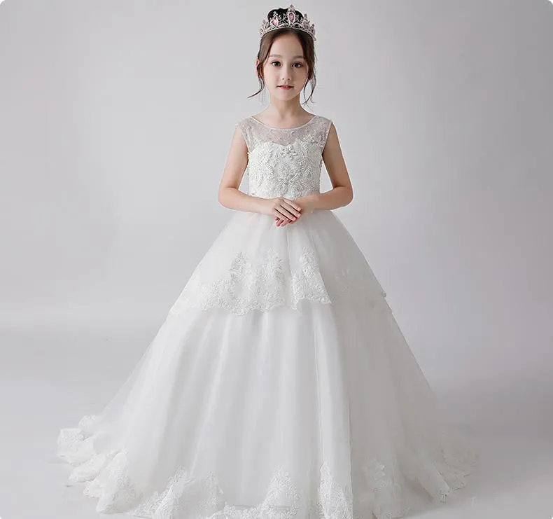 Bellezza Avorio Tulle Gioiello Applique Ragazza Pageant Flower Girl Abiti Principessa Festa Bambino Gonna Personalizzata