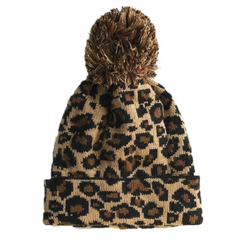 Beanie / schedel caps herfst en winter warme mode persoonlijkheid luipaard print grote bal breien wol mouw hoofd flening hoed