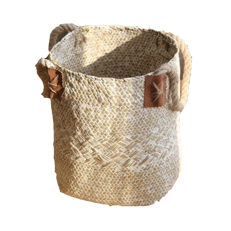 Creative Wiszące Rattan Doniczki Seagrass Tkane Kosze Do przechowywania Ogród Kwiat Wazon Planter Doniczkowy Organizator Home Pralnia Kosz z uchwytem